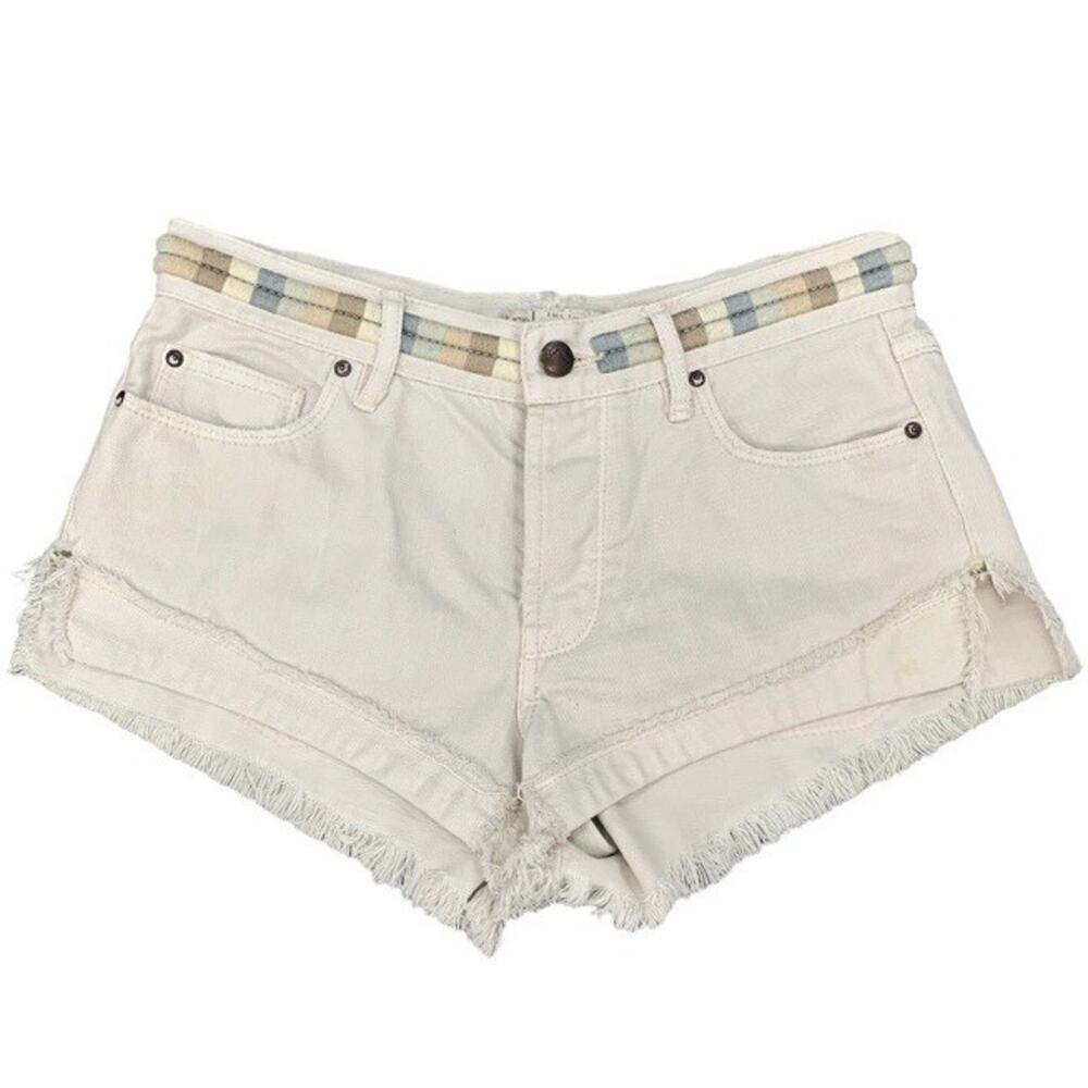 Free People Eliot Denim Shorts Women’s Jean Size 26 Boho Fringe Ivory Button Fly